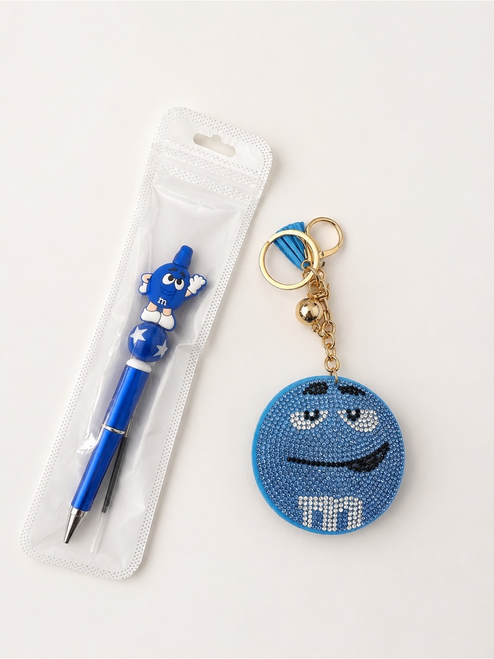 Source Unknown Blue M&M'S Crystal Face Keychain with Matching Blue Character Pen